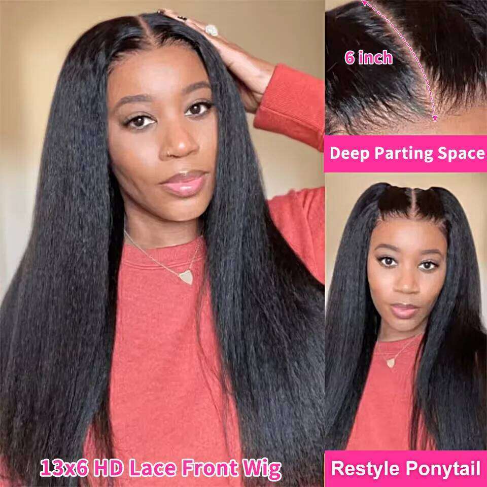 Glueless Kinky Front Human Hair Yaki Straight 13X6 Frontal Wig 7X5 HD Transparent Lace Closure Wigs