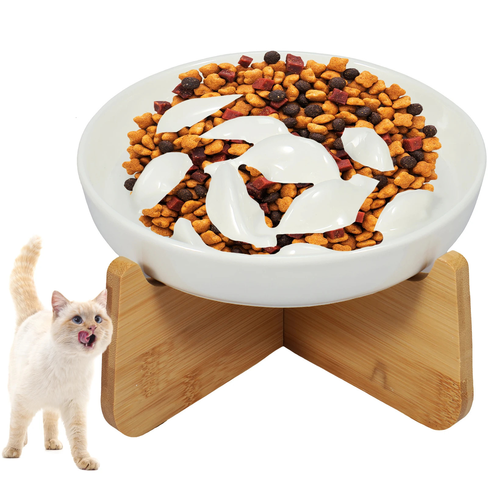 Raised Cat Bowl Elevated Cat Bowls with Wood Stand Ceramic Slow Feeder Bowl Cat Feeding Bowl Anti Vomiting Cat Food Bowl Non-Sli 250813