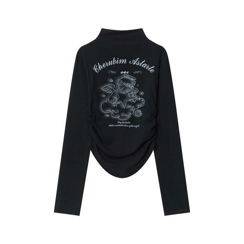 Angel Print Ruched Design Spring Long Sleeve T-Shirt For Women Pure Desire Style Sexy Short Top B3