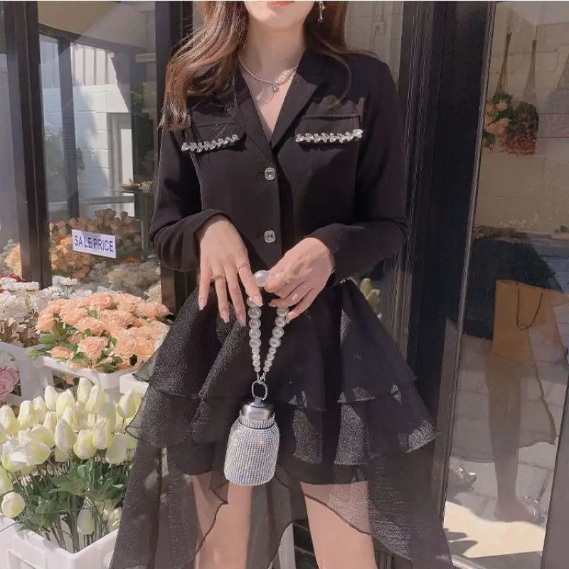 Rhinestone Blazers Skirts Two Piece Set for Women Spring Autumn Graceful Slim Suit Jacket Ball Gown Outfits Office Lady Workwear 250818