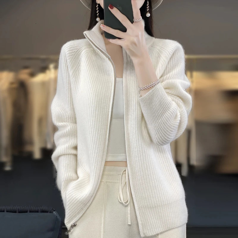 100% Pure Wool Zipper Cardigan Padded Shoulder Stand Collar Womens Cashmere Knitted Coat Lapel Sweater 250819