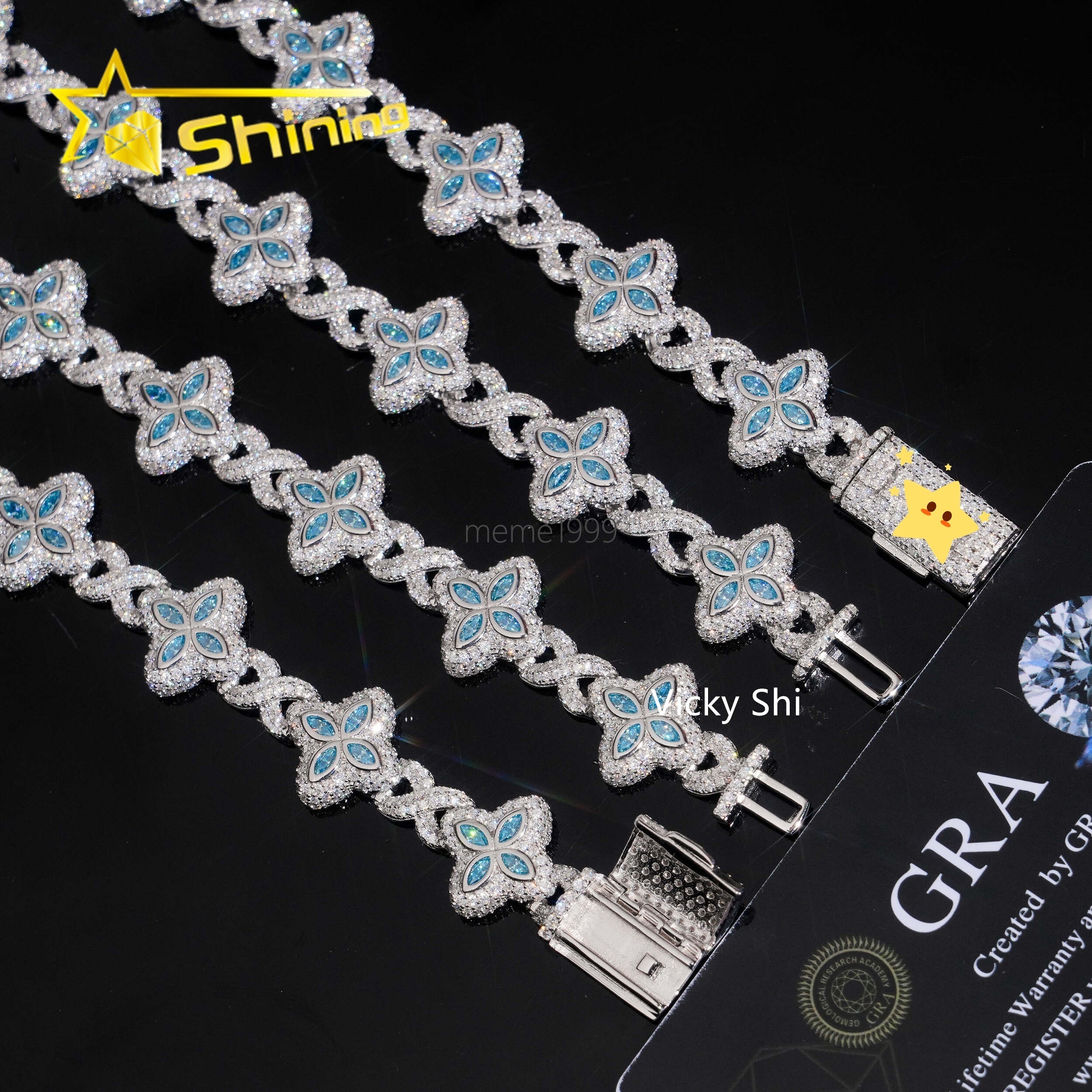 Popular Blue Color Clover Cuban Chain Moissanite Fine Jewelry Custom Iced Out 925 Silver Men Cuban Link Moissanite Necklace