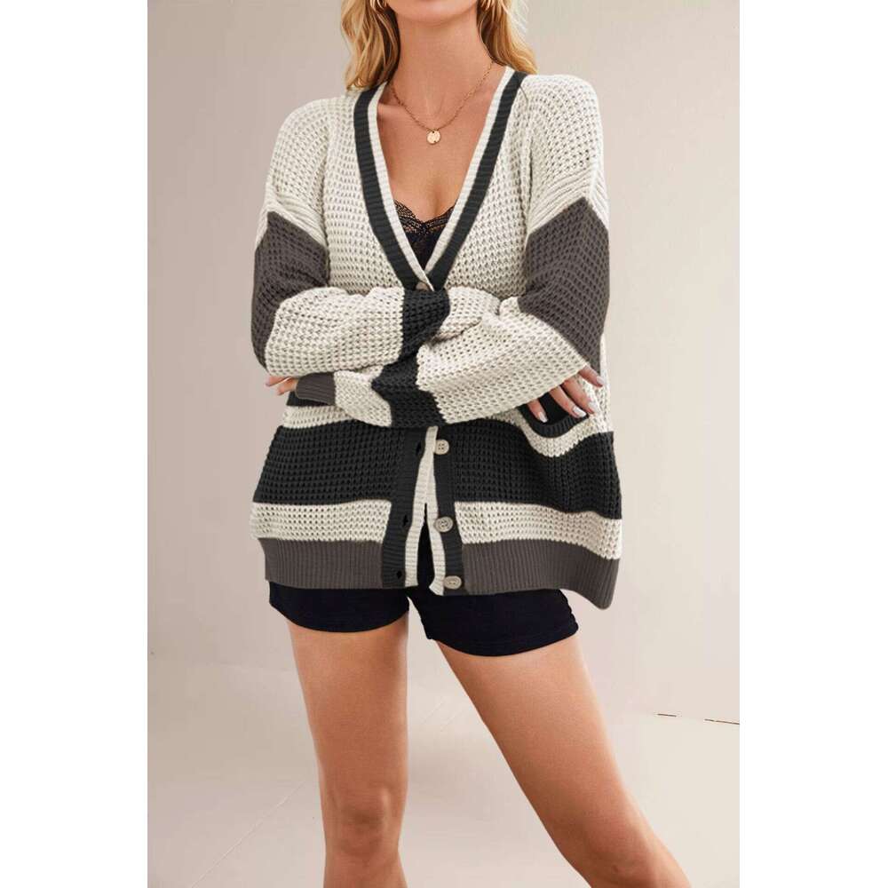 Women's Autumn Winter New Knitted V-Neck Plus Size Pocket Color Block Cardigan Jacket B5