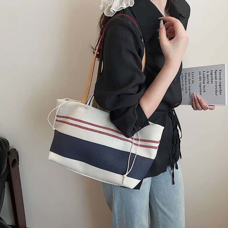 Contrast Color Striped Canvas Bags Tote Bag Women 2025 Summer Large Capacity Casual Vacation Style Designer Shoulder Handbag