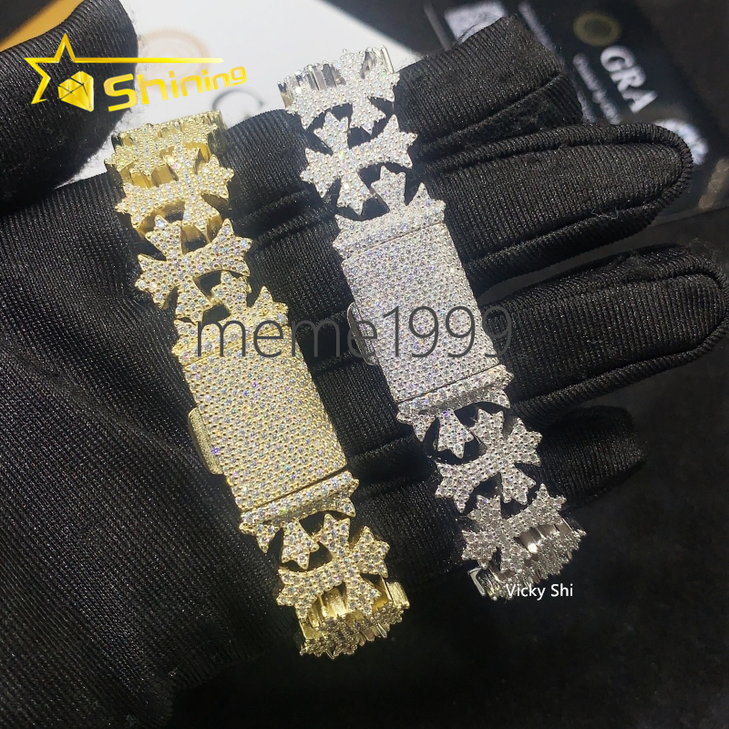 Gold Plated Sterling Silver 925 Iced Out Moissanite Cross Bracelet Hip Hop Men Fine VVS Moissanite Cuban Bracelet Party Gifts