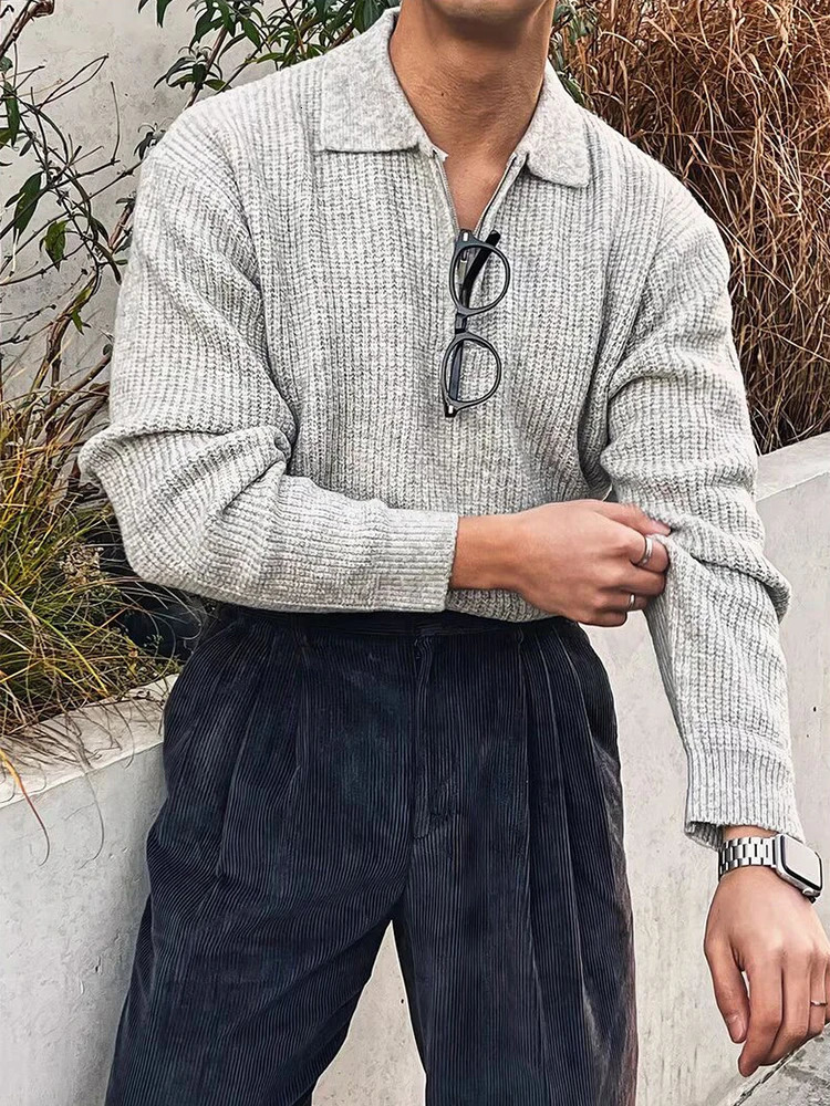 Streetwear Vintage Polo Collar Jumper Tops Men Spring Trendy Solid Color Zip-up Long Sleeve Knit Polo Shirt For Mens Sweaters 250818