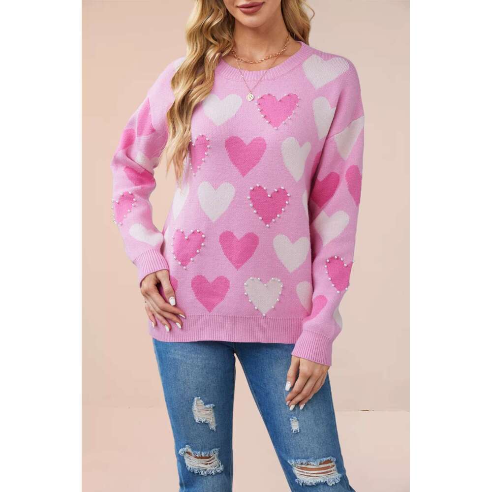 Autumn Winter New Tiktok Valentine's Day Round Neck Beaded Heart Peach Pullover Knitted Sweater For Women B5