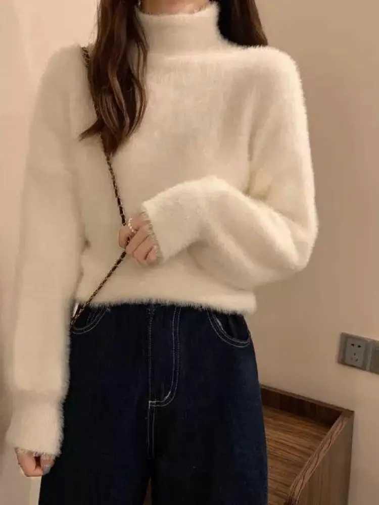 Soft Warm Tops Winter Imitate Mink Wool Hot Fleece Turtleneck Thick Elastic Casual Sweater Women Knitted Pullovers XJ250819