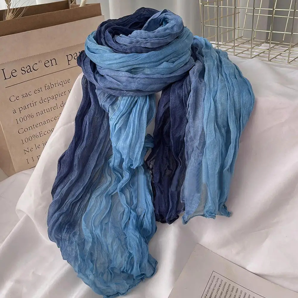 Scarf Cotton Hemp Gradient Blue Autumn Winter Retro Versatile Printed Womens Long Fold Shawl Soft Fashionable Trend 250818