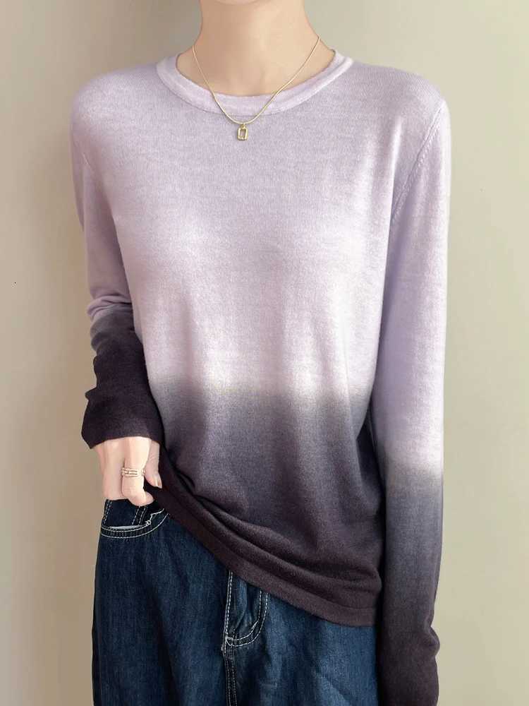 Ladies Gradient Color Sweater Womens Casual Knitted Pullover 2025 Spring Summer Soft Loose Long-Sleeve Basic Round Neck Tops XJ250819