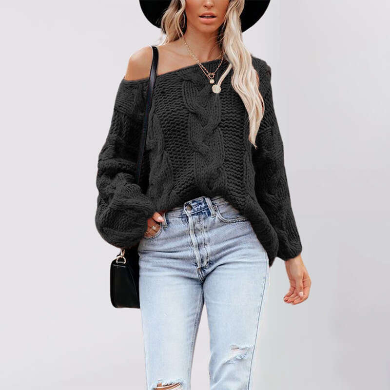 Autumn And Winter New Women's Street Style Off-Shoulder Cable Knit Pullover Loose Knitted Sweater B5