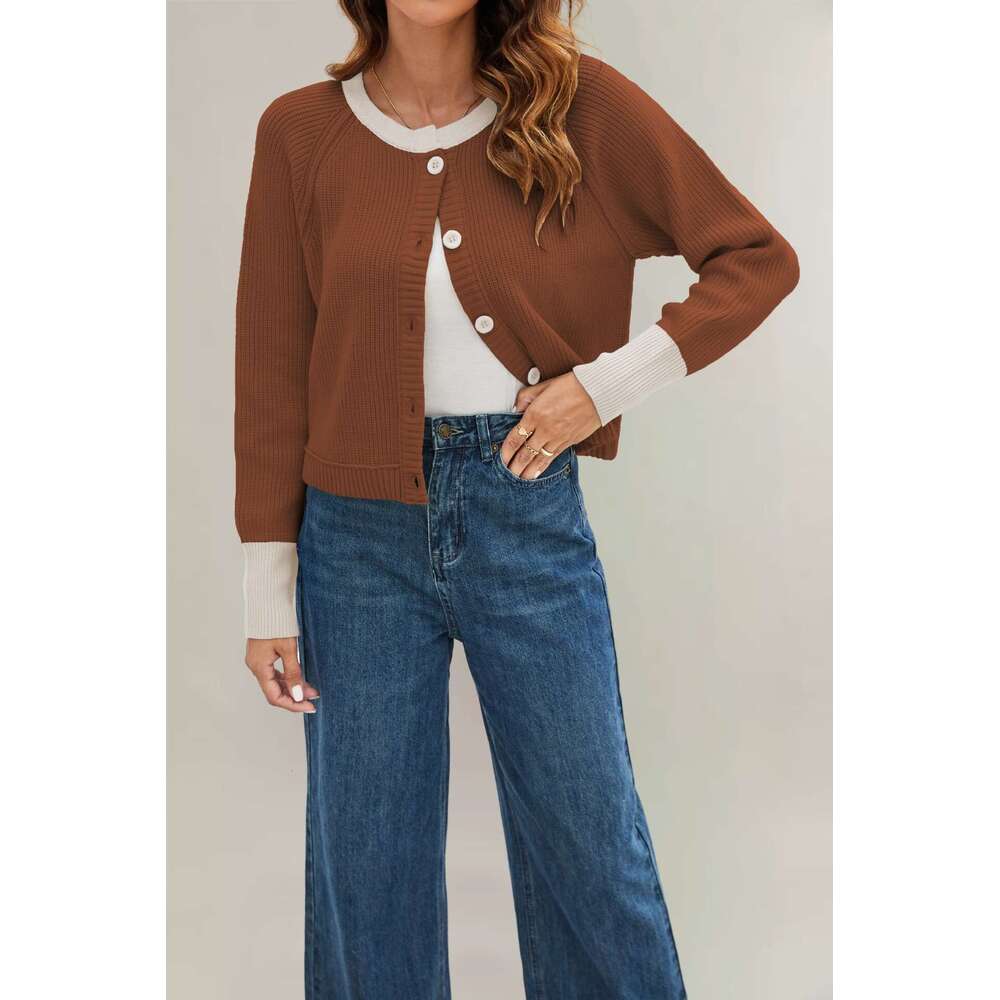 Autumn Winter New Tiktok Round Neck Color Block Fashion Button Contrast Knitted Cardigan Jacket B5