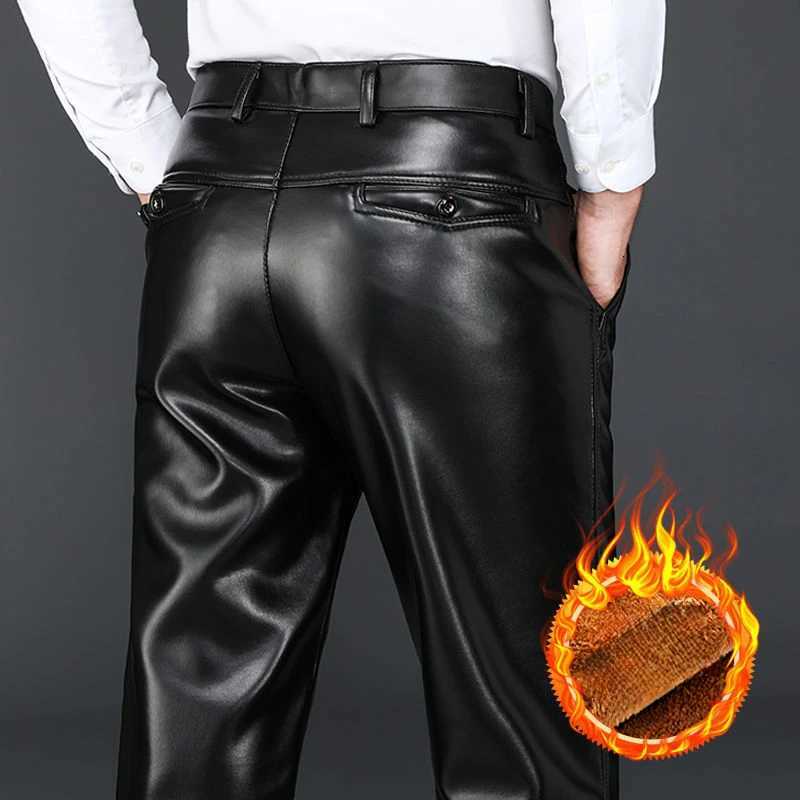Men Gothic Pants Plus Fleece Thickened Winter Waterproof Straight Loose Elastic Comfortable Moto Biker Casual Leather Trousers W250819