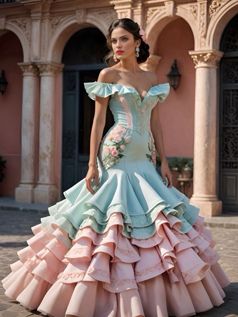 Modern Flamenco Prom Dresses Ruffles Tiered Off Shoulder Long Mint Green With Blush Pink Satin Mermaid Birthday Party Gown Formal Evening Wear