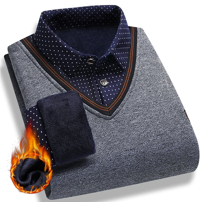 Mens Plush Sweater Autumn Winter Two Piece Pullover Polo Shirt Collar Fleece Thick Warm Top Clothes Casual Jumpers 250819