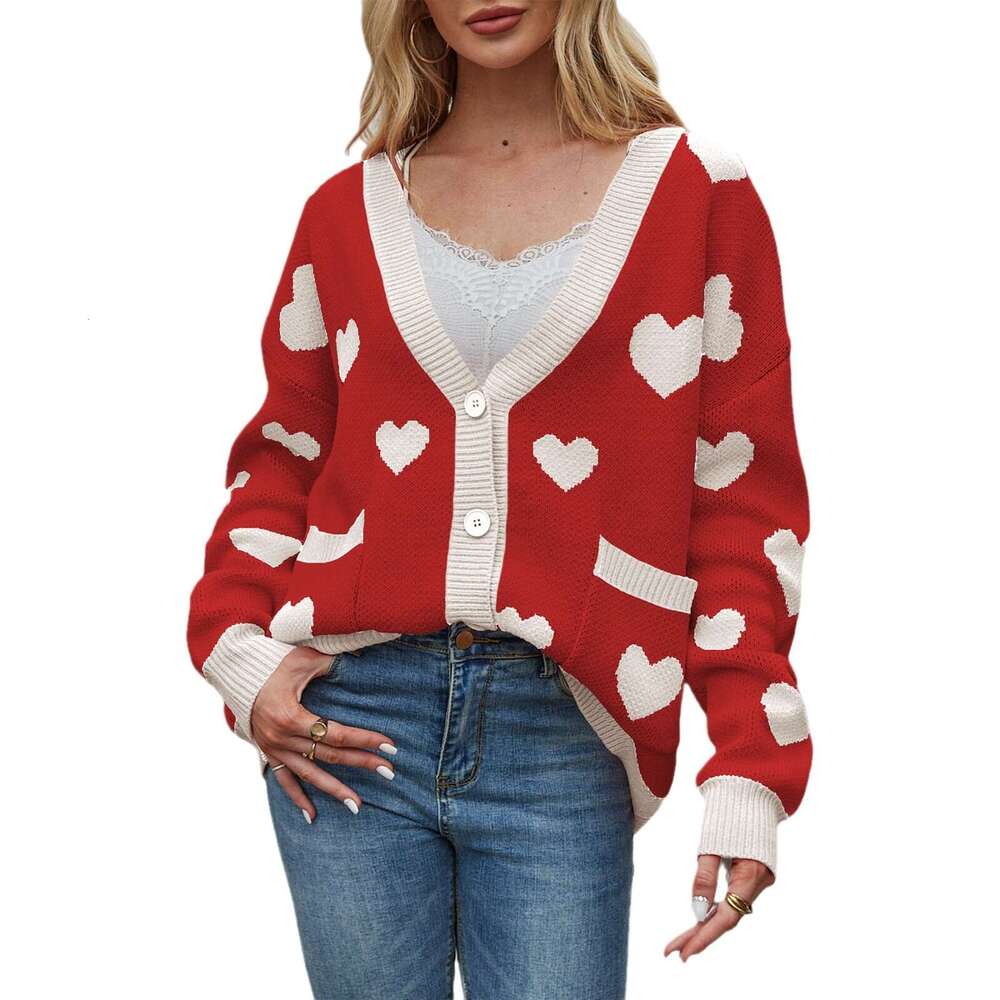 New Autumn Winter Valentine's Day Heart Peach Cardigan Pocket V-Neck Regular Fit Knitted Jacket B5