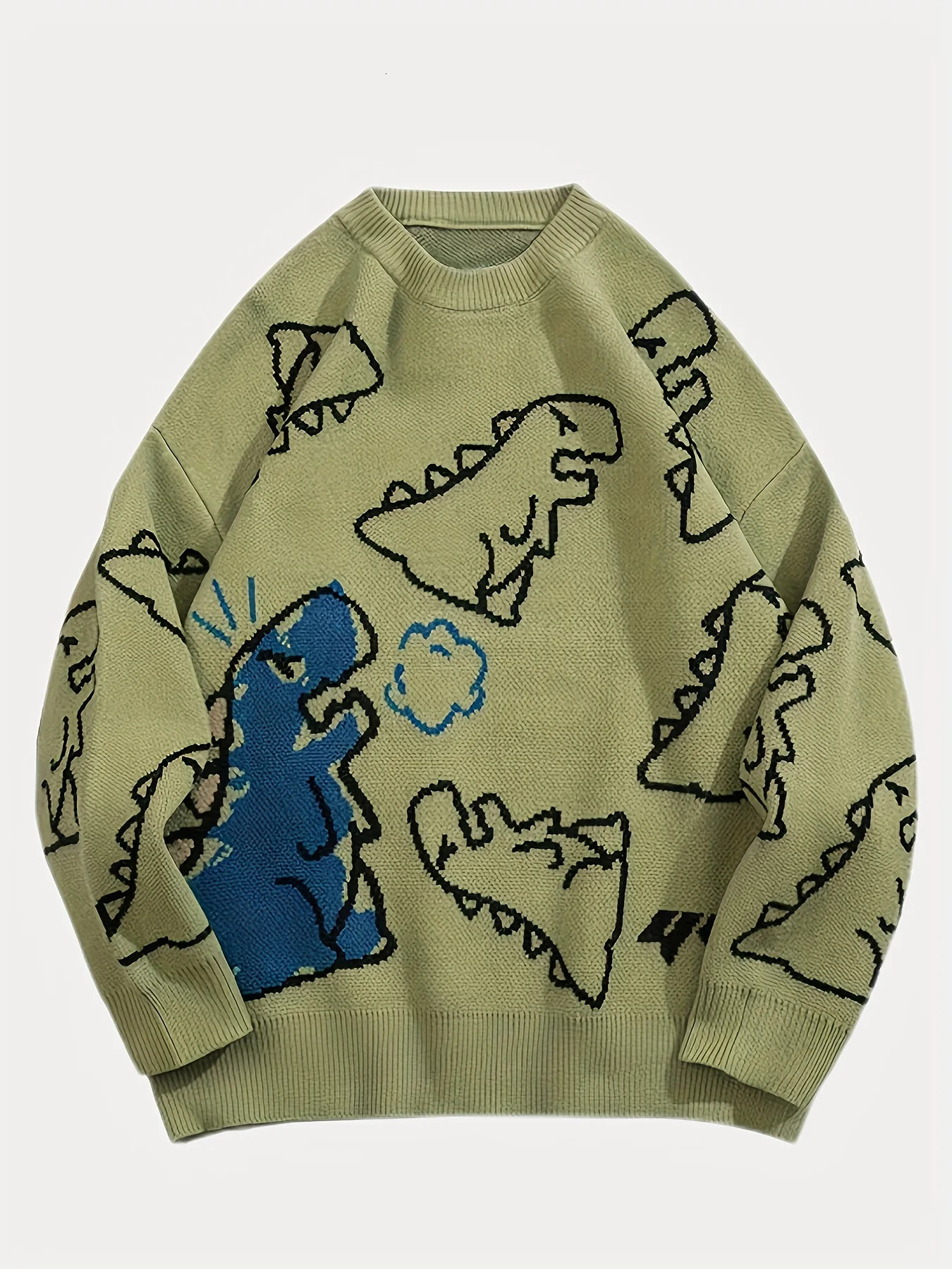 Womens Oversized Dinosaur Pattern Sweater - Cozy Long Sleeve Pullover for Casual Wear 250819