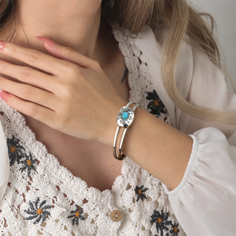 Artisan Tribal Cuff Bracelet Hand Stamped Turquoise Accent Bangle with Feather Motifs Adjustable Closure