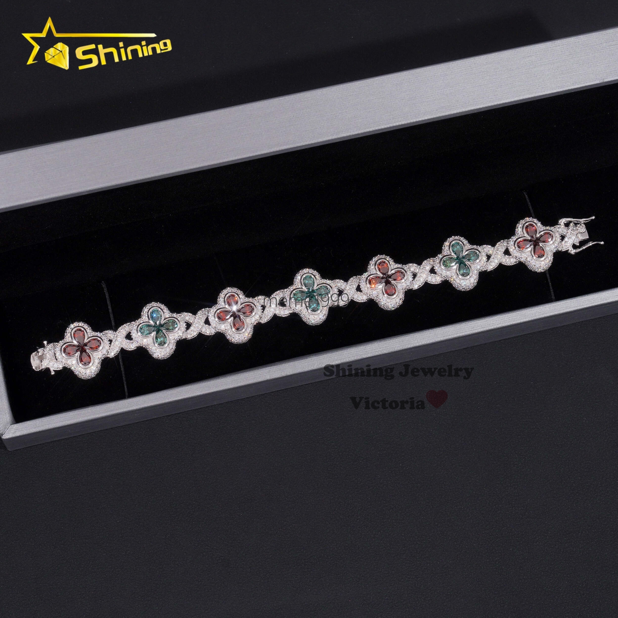 Fashion Christmas Jewelry Hip Hop Luxury Pear Colored Moissanite Diamond Clover Fancy Shape Mens Silver Cuban Bracelets