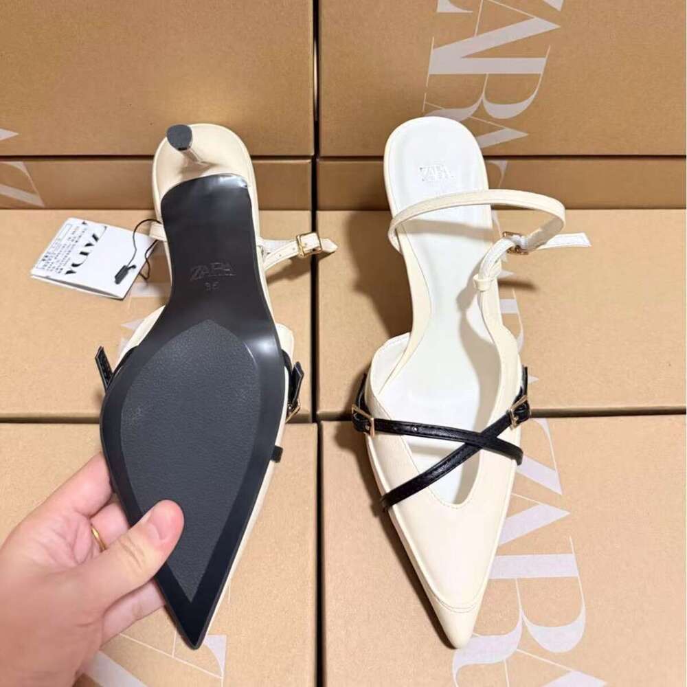 ZAKQ2025 Spring Summer New Strap High Heels Pointed Slimming Patent Leather Stiletto Cross Buckle Shoes Closed Toe