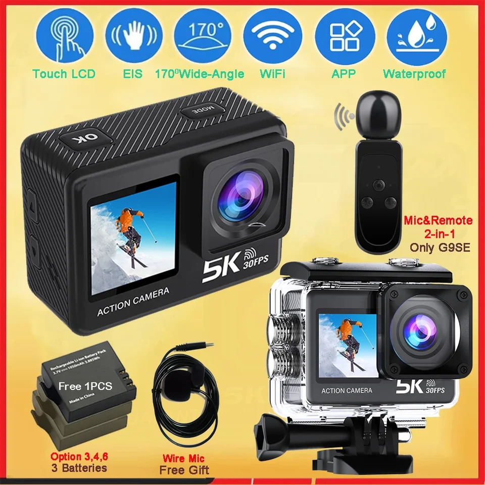 G9SE Action Camera 5K30fps 4K60fps 50MP 2.0 Touch LCD EIS DVR Webcam Dual Screen Wi-Fi 170D Waterproof 30M 5X Zoom Sports Camera 250813