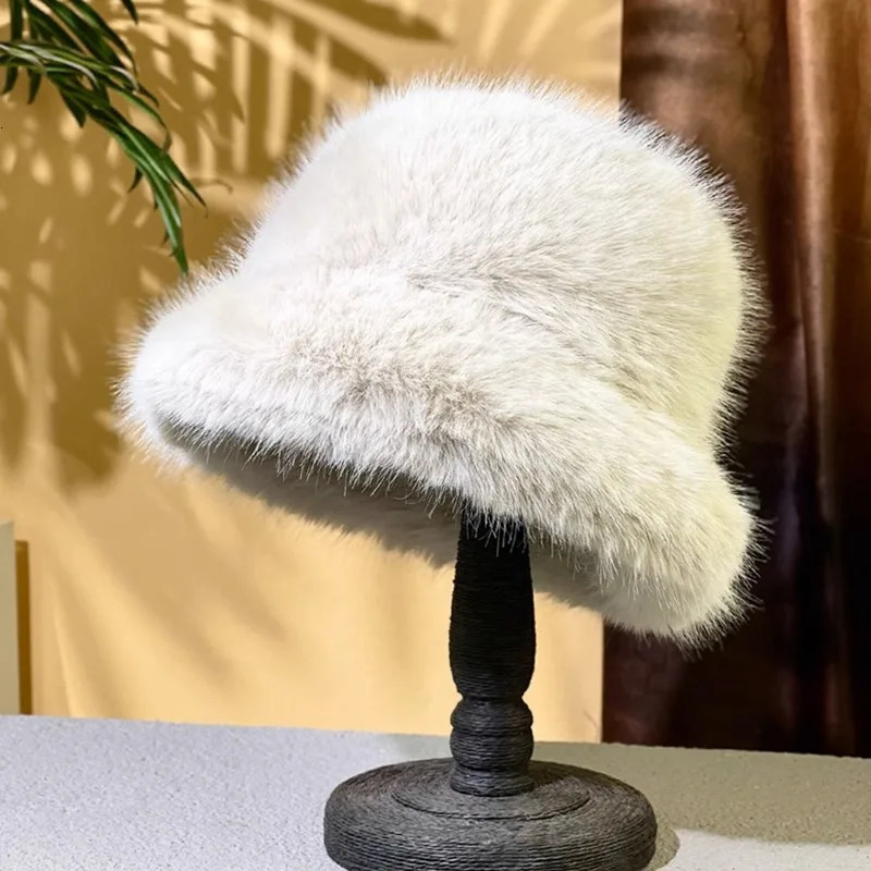 Winter Faux Fox fur bucket hat thickened plus size Bucket hat High quality warm female ear protection women hat 250819