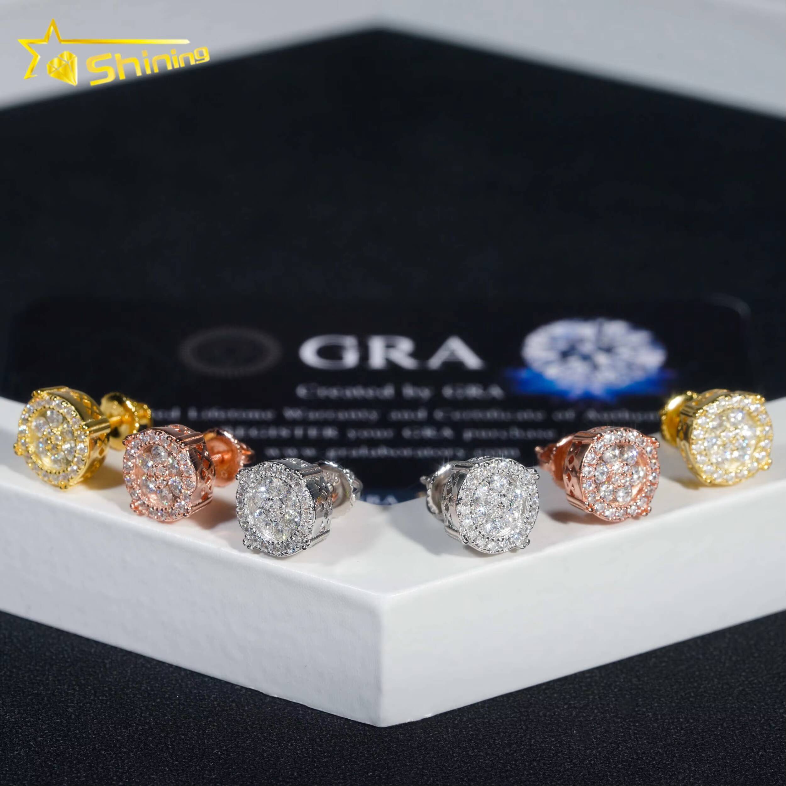 2025 new style Nice Jewelry Bling Shining Round Shape 925 Silver White Gold Moissanite Hip Hop Earrings