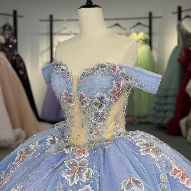 Sky Blue Shiny Princess Sweet 16 Dress Dress Quinceanera Dresses Applique Lace Beading Tull Party Birthday Vestidos 15 De Anos