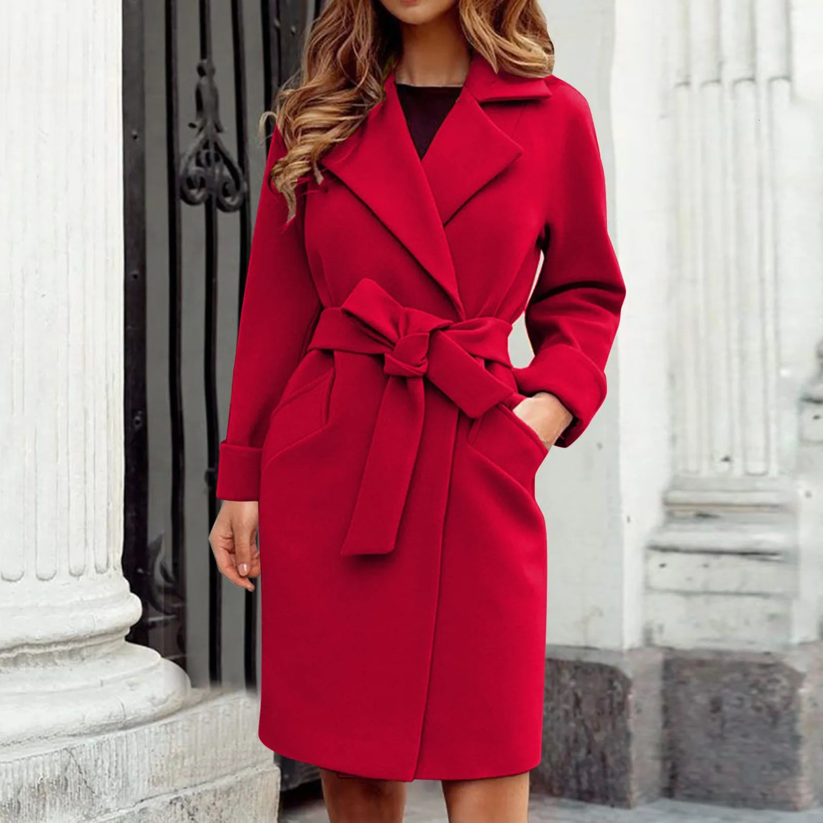 Women Pink Trench Coat Casual Mid Long Overcoat Lapel Open Front Cardigan Outwear Woolen Boot Winter Jackets for Women 250818 - view 4