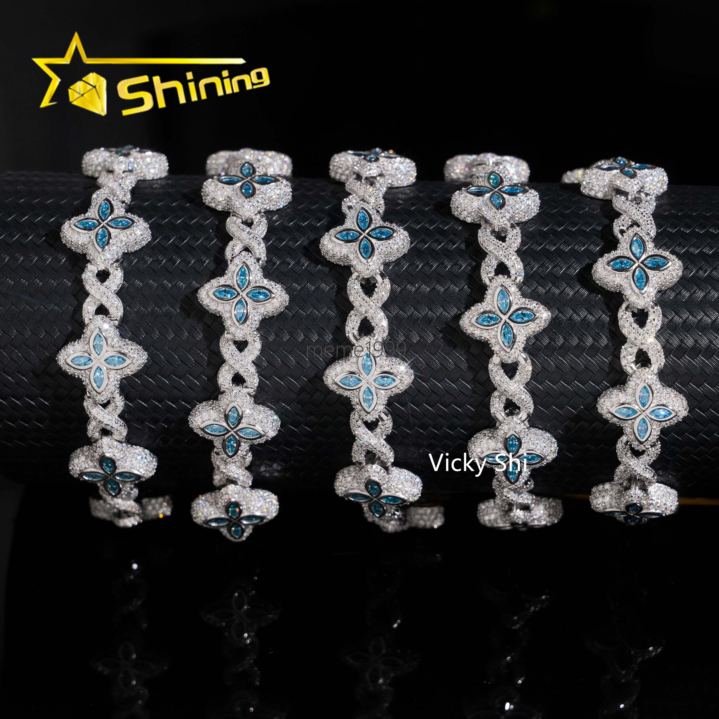 Popular Blue Color Clover Cuban Chain Moissanite Fine Jewelry Custom Iced Out 925 Silver Men Cuban Link Moissanite Necklace