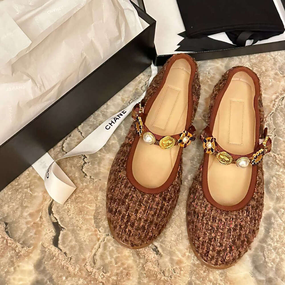 Sheepskin Version ~ Chanel Style Tweed Metal Buckle Mary Jane for Women, Shallow Mouth Single Shoes, One Strap Round Toe Flat Shoes