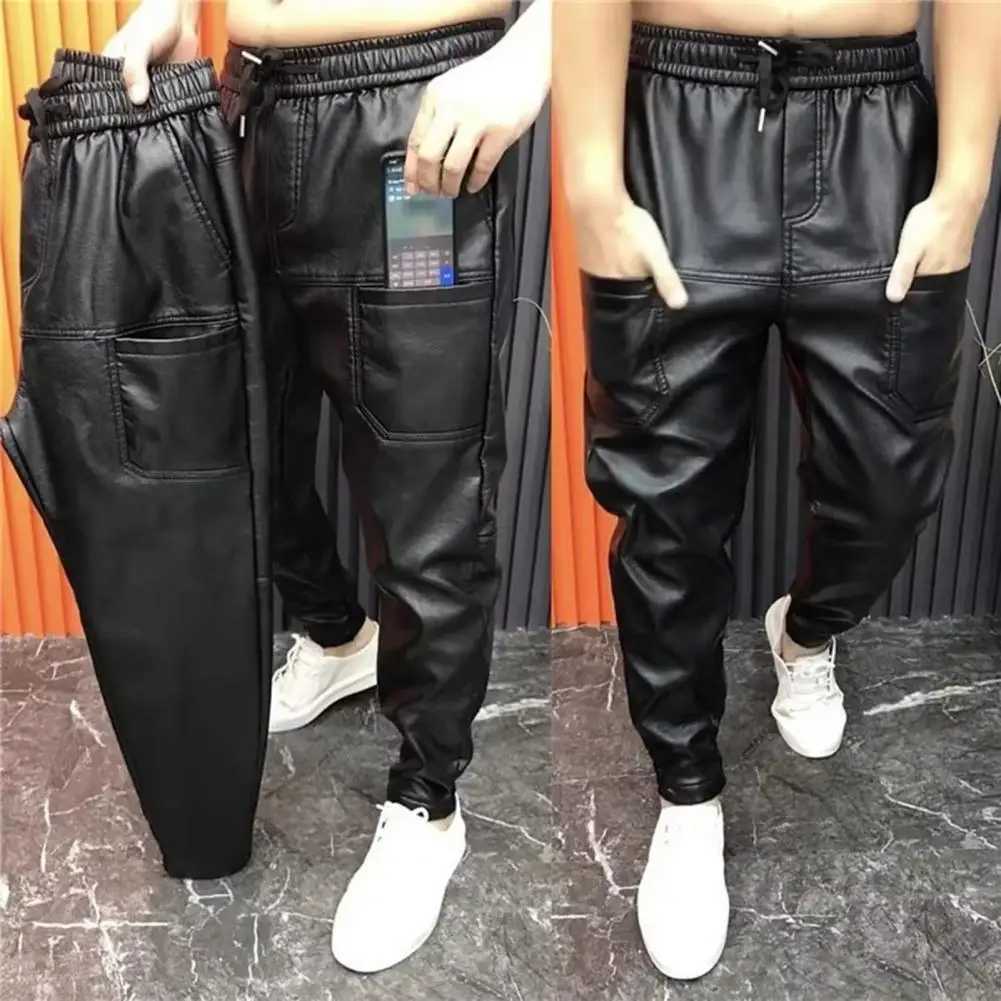 Black Elastic Waist Pants Stylish Mens Faux Leather Pants With Pockets Stretchy Waist Motorcycle Style Trousers For Spring Fall W250819