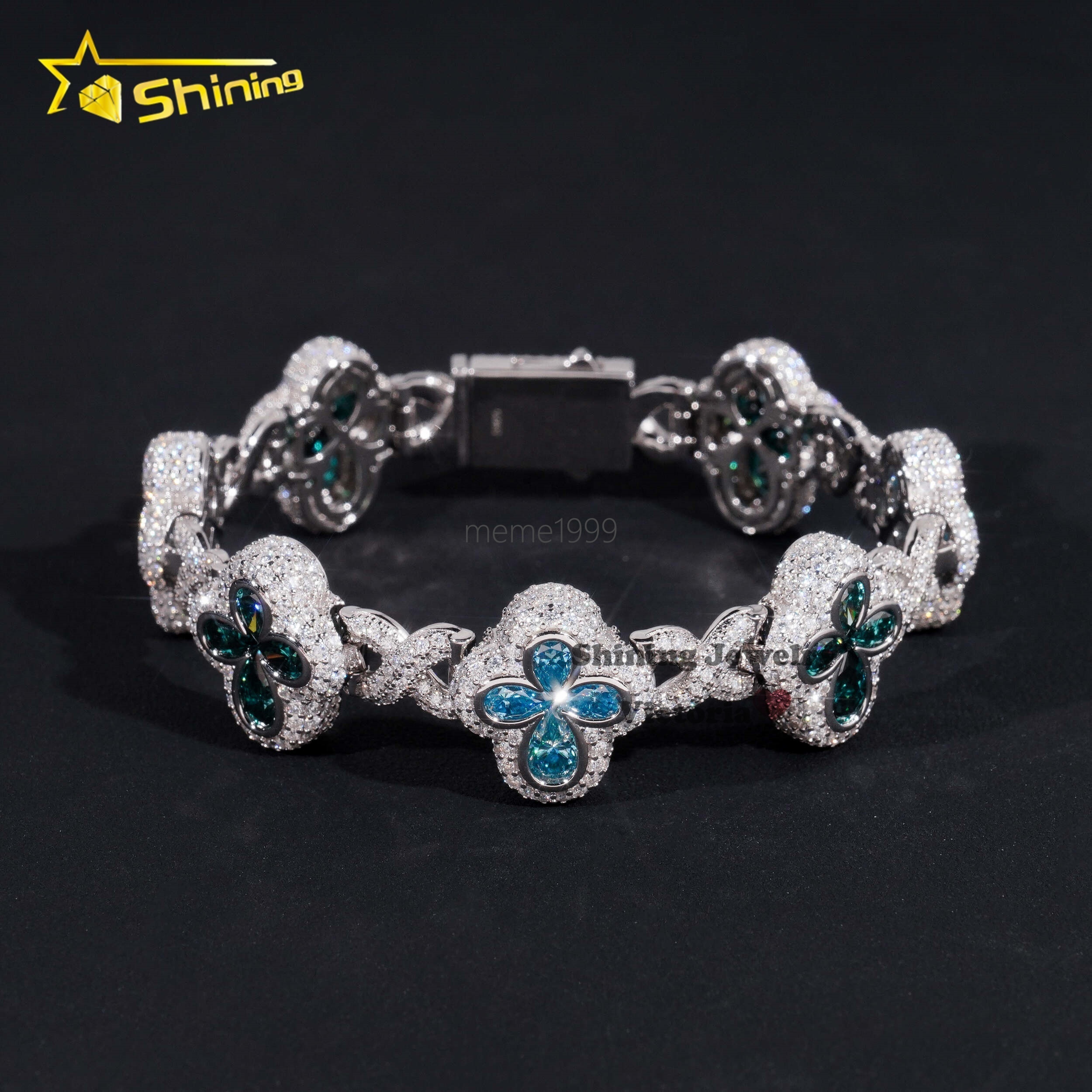 New Arrival Bling Hip Hop Jewelry 925 Sterling Silver Colored Pear Moissanite Diamond Iced Out Clover Infinity Link Bracelet Men