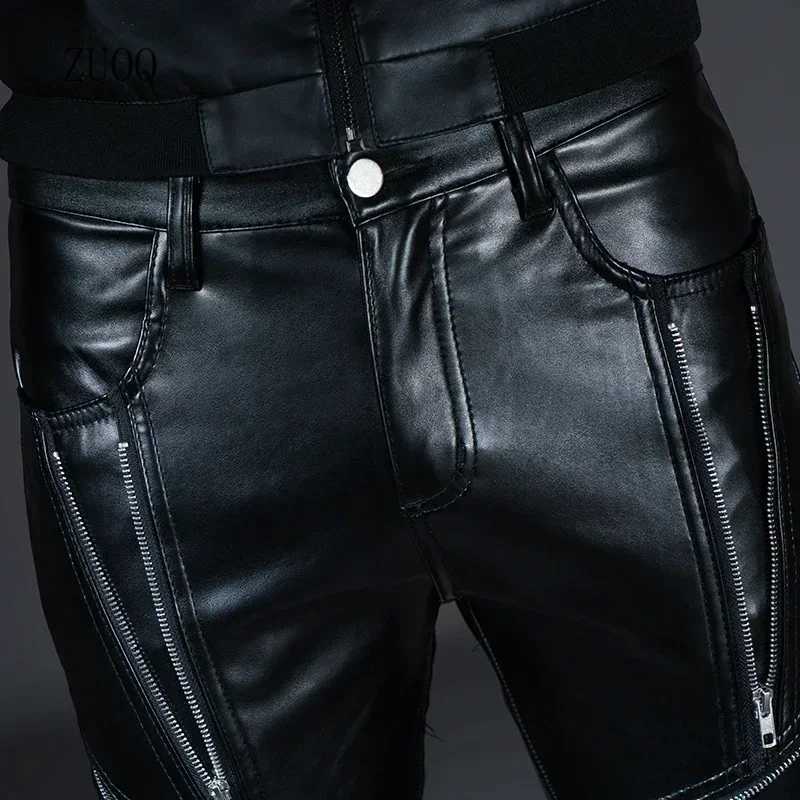 New Winter Mens Skinny Biker Leather Pants Fashion Faux Leather Motorcycle Trousers For Men Stage Club Wear W250819