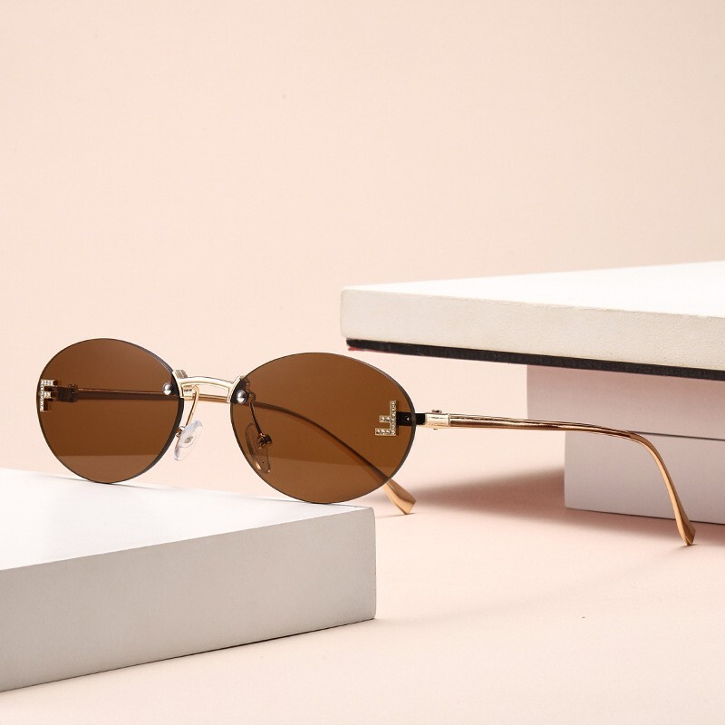 Letter F Rimless Diamond-Studded Oval Fashion Trendy Small Frame Decorative Women's Sunglasses