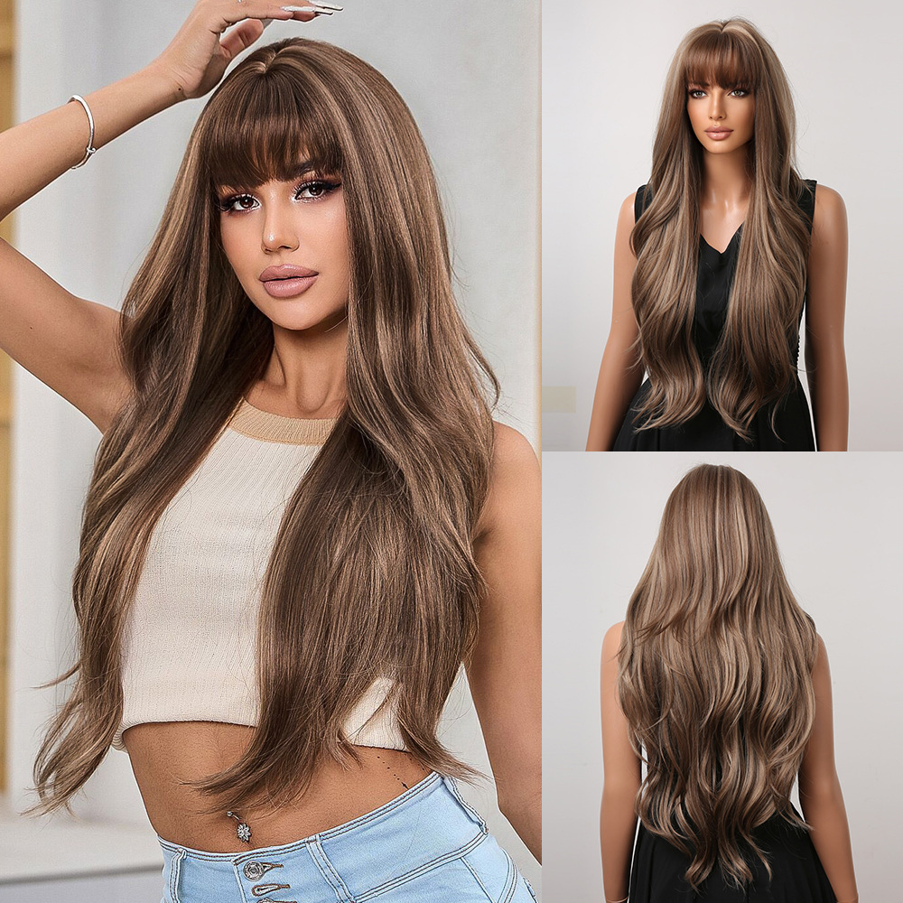 26-30inch Bangs Big Waves Fashion Long Curly Hair Mixed Brown Gold Brown Water Wave Wig Women Hair Customized
