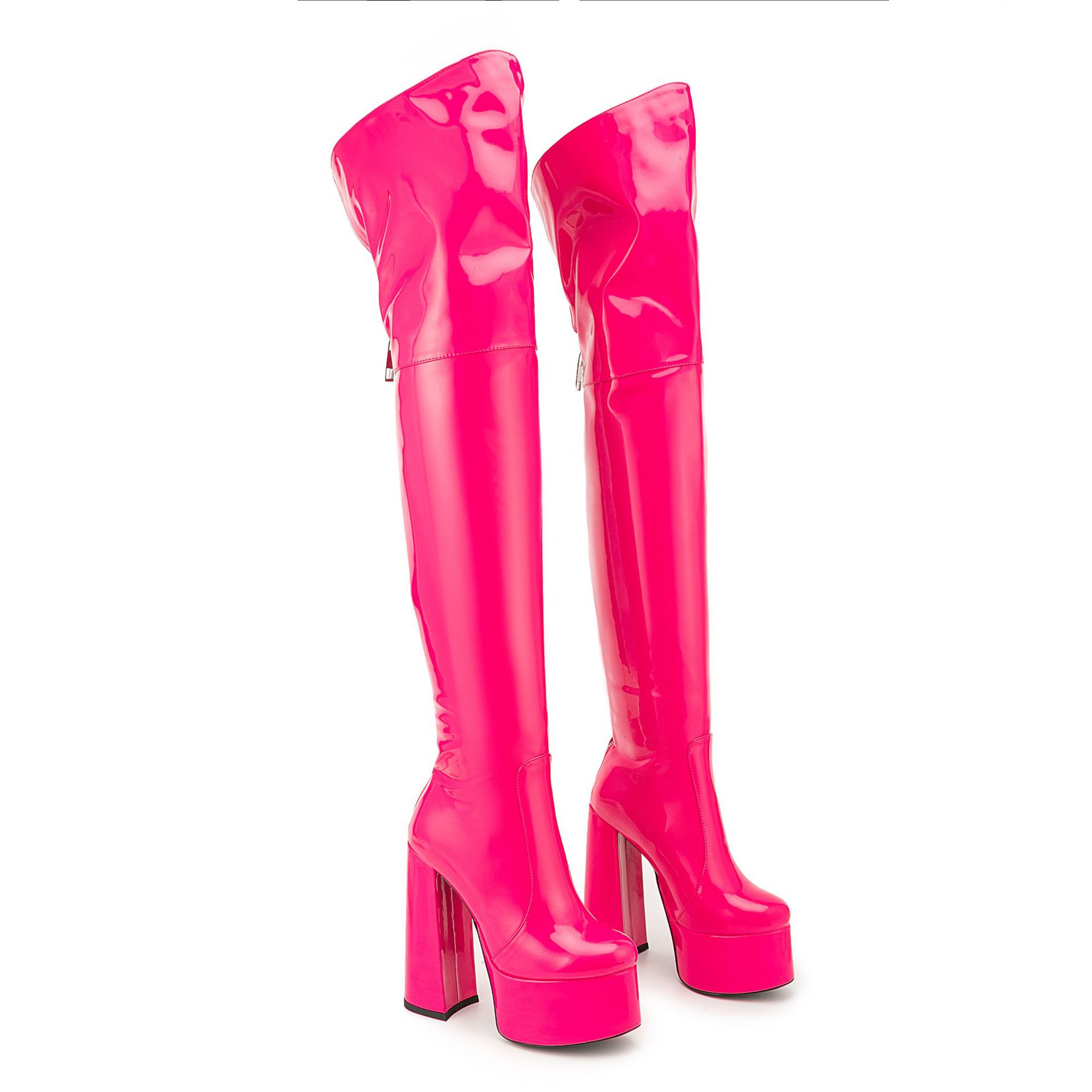 Chengdu Handmade Patent Leather Over-Knee Boots - 8cm+ Chunky Heel and Water Platform (Magenta/Orange/Black) Pole Dance Performance Boots