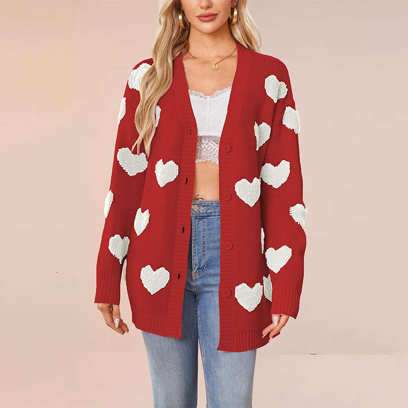 Women's New Fashion Temu Valentine's Day Heart Knitted Cardigan V-Neck Button Mid-Length Outerwear B5