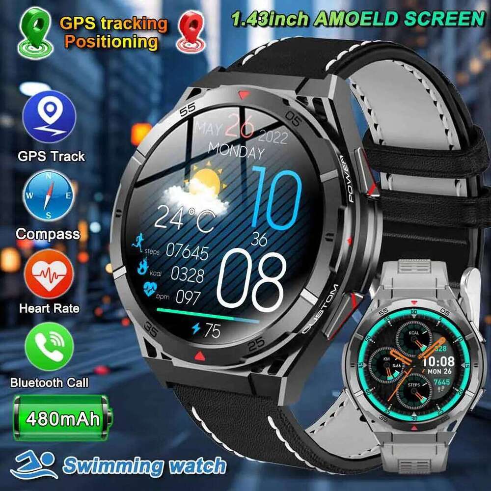 Swimming Waterproof Watches 2025 New Dual-Band satellite GPS Sports Smart watch Men 1.43'' AMOLED Screen BT Call Compass