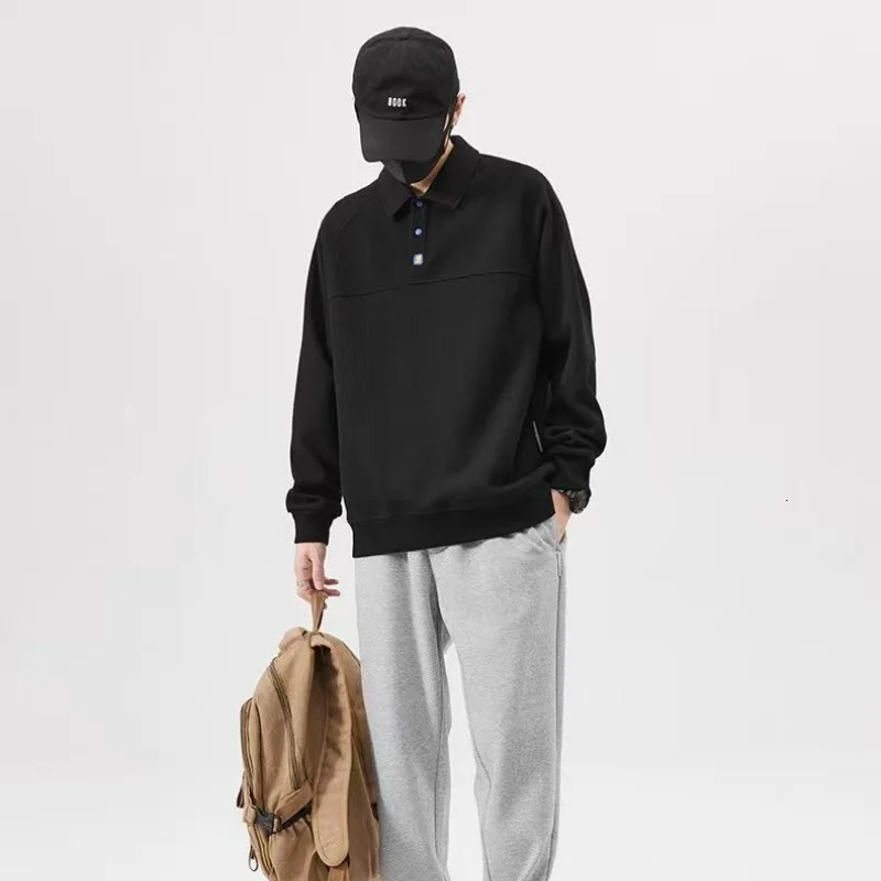 Spring Autumn Solid Waffle Long Sleeved Polo Shirts Men Fashion Trend Lapel Button Patchwork Loose Breathable Outer Wear Top 250818