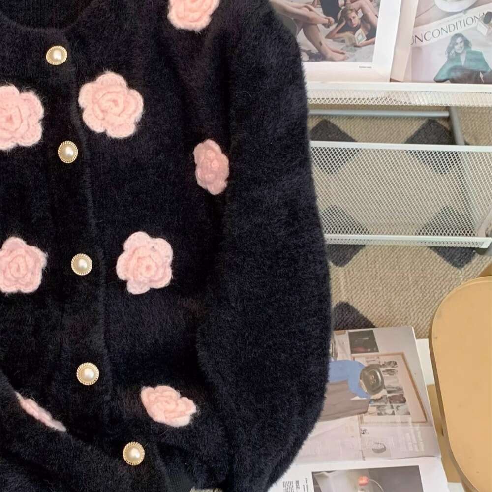 Sweet Flowers Embroidery Imitation Mink Sweater Cardigan Women's 2025 New Autumn Winter Sweater Jacket Top