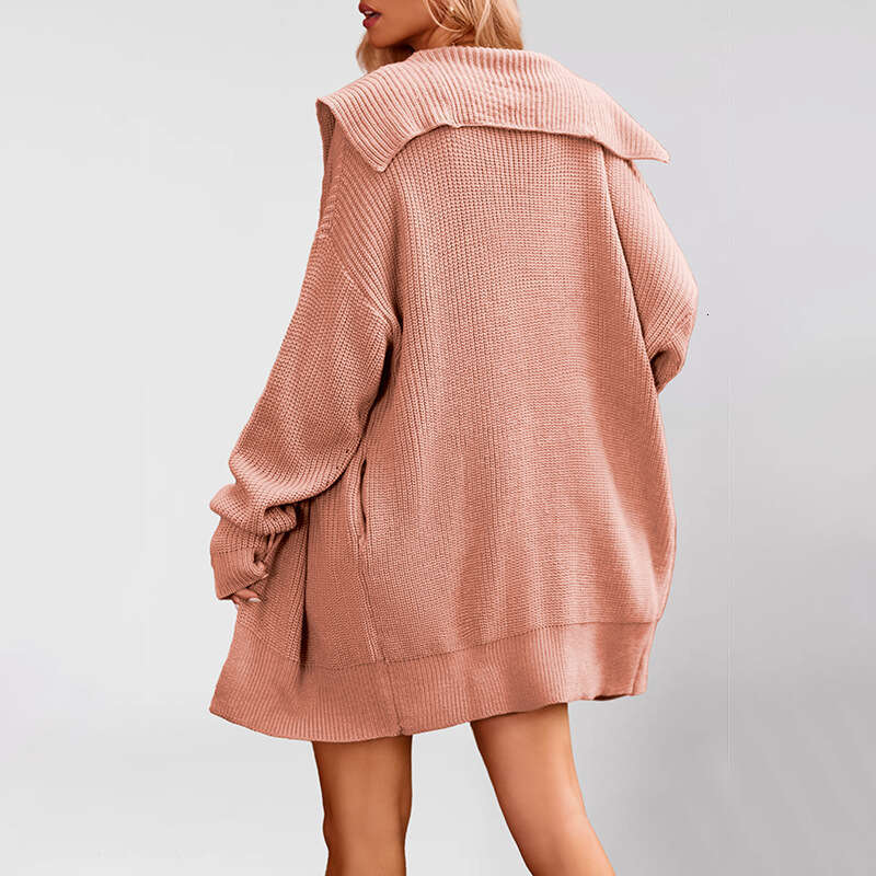 New Autumn Winter Women's Solid Color Turn-Down Collar Pocket Cardigan Three-Button Mid-Length Sweater Coat B5