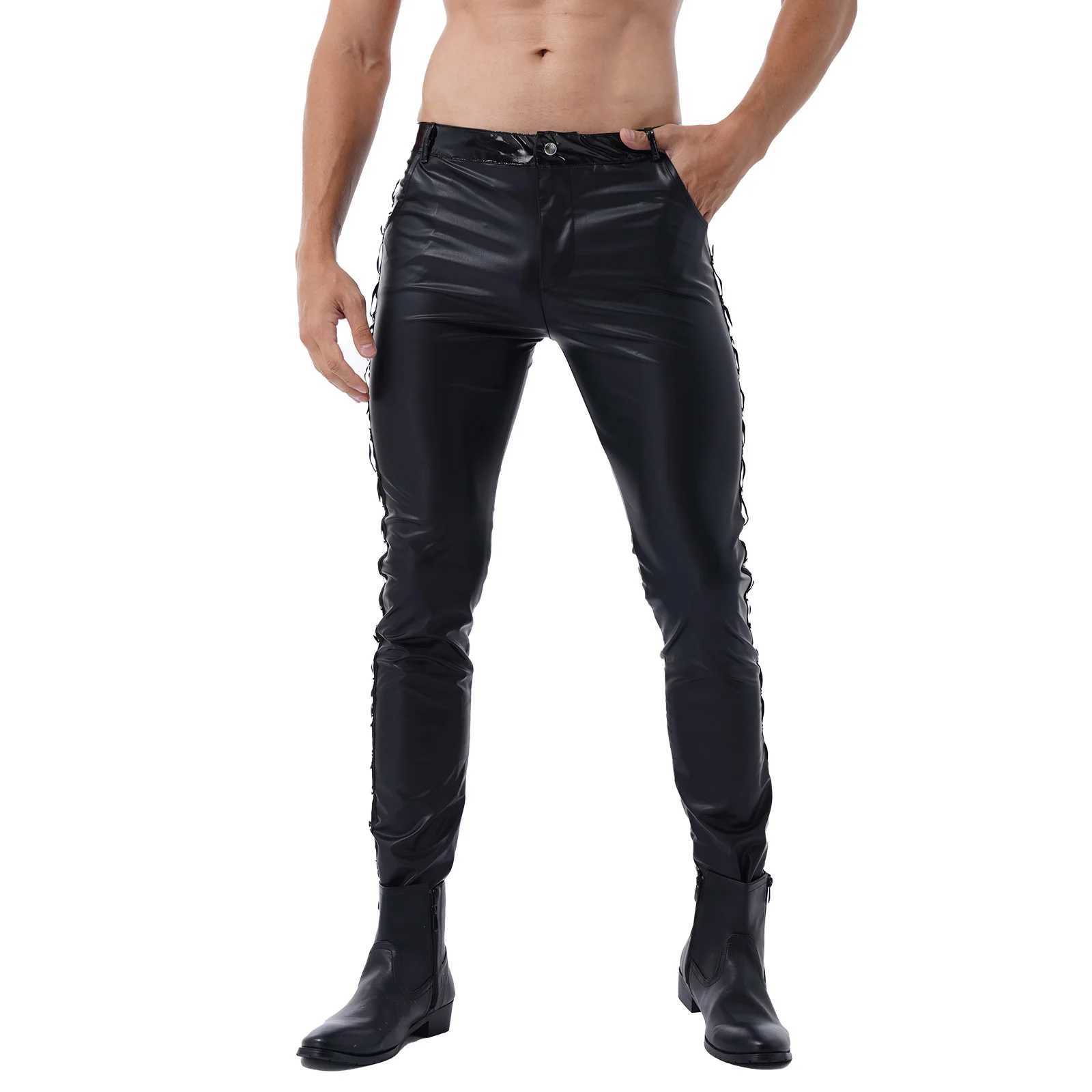 Men Leather Pants Skinny Fit Elastic Style Fashion PU Leather Trousers Motorcycle Pants for Party Stage Performance Night Club W250819
