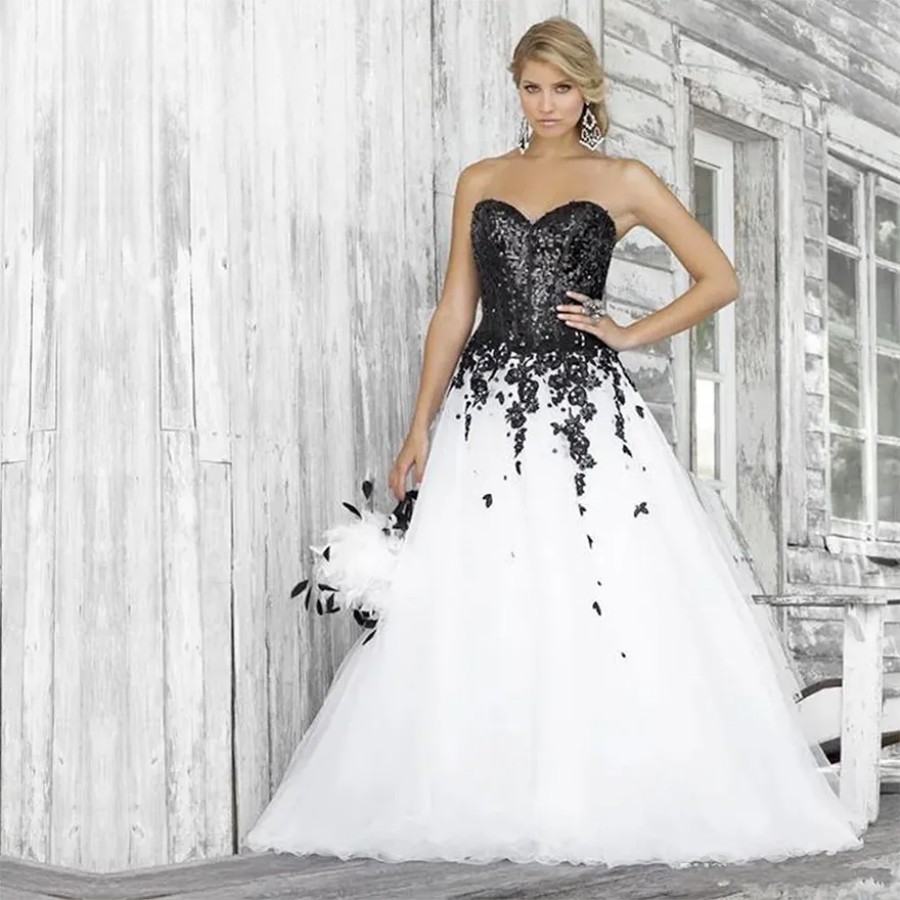 black and white wedding dresses sweetheart neckline lace applique sequined fashion bridal gowns custom made size