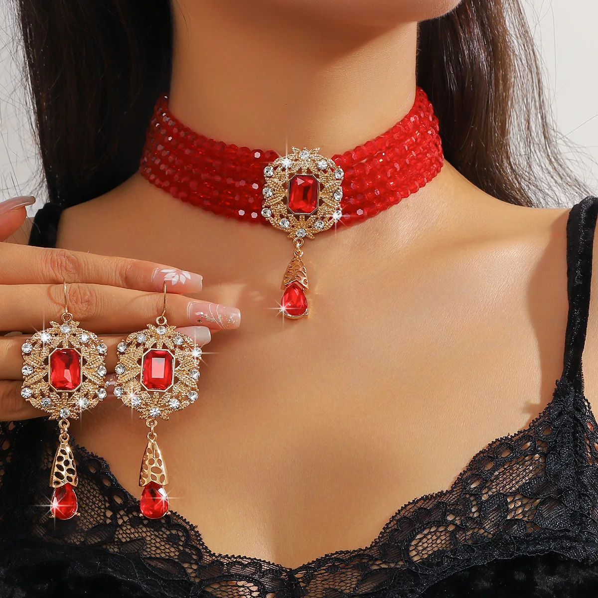 FYUAN Multilayer Green Red Blue Black Crystal Necklace Geometric Hollow Alloy Earrings For Women Weddings Banquet Jewelry Sets 250818