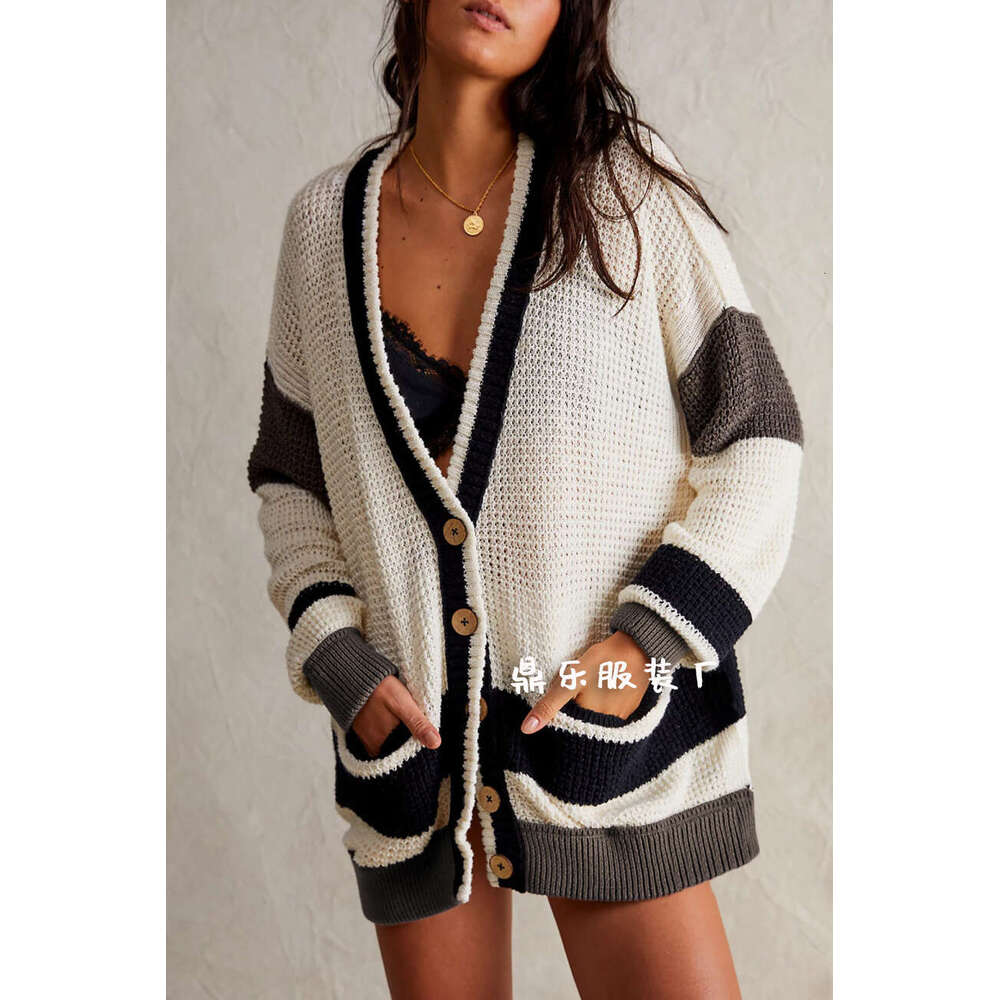 New Autumn Winter Knitted Coat Plus Size Pocket Color Block Cardigan Sweater Women's Clothing B5