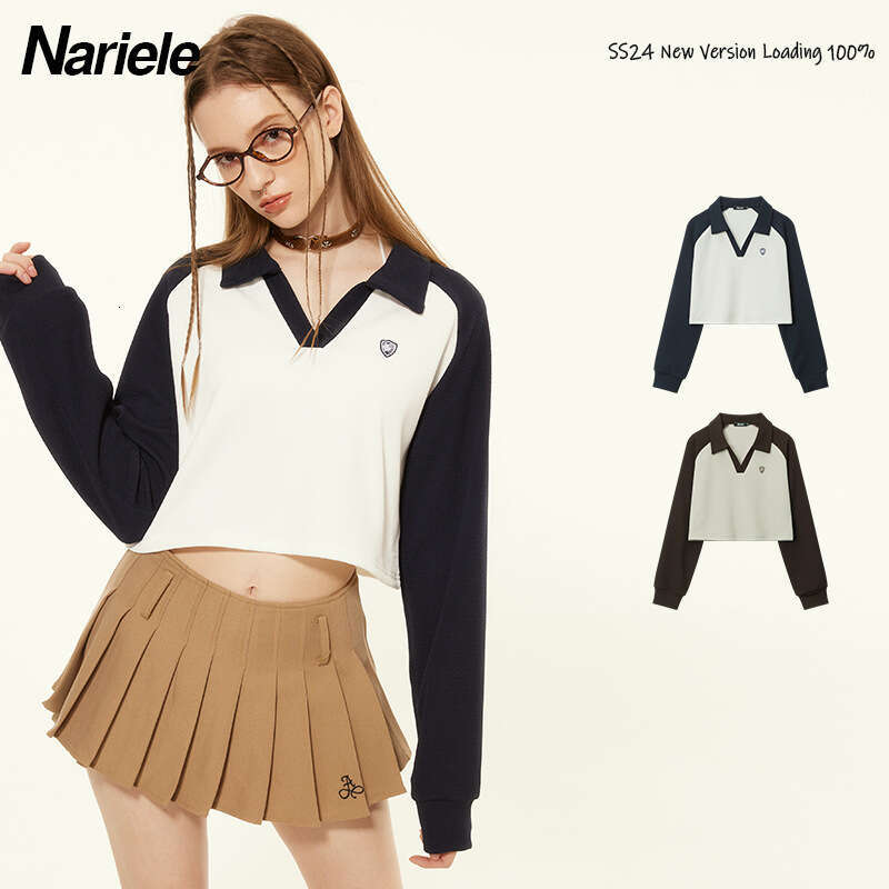 Spring New American Style Hot Girl Slim Fit Short T-Shirt Color Block V-Neck Long Sleeve Top For Women B5