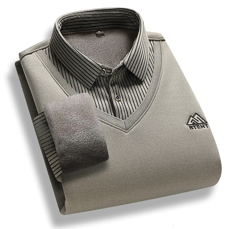 Mens Fleece Lined Sweater Polo Collar Pullover Tops Two Piece Fashion Business Causal Pullovers Thick Winter Clothes 250819