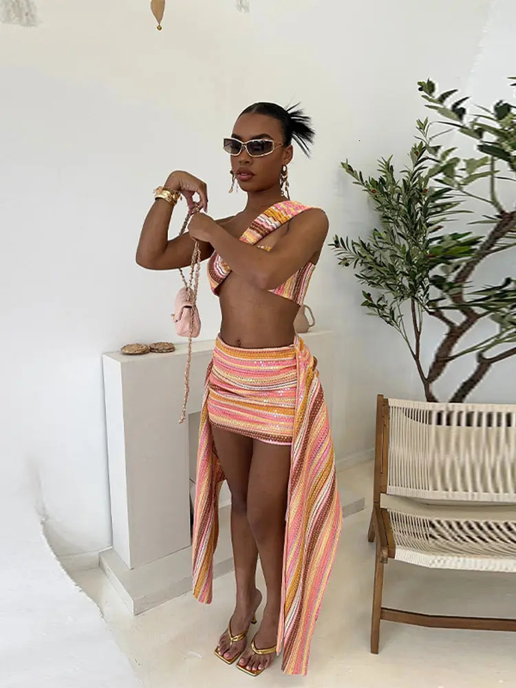 Sexy Knitted Striped Tube Top Mini Skirt Set Women Retro Sequin Oblique Shoulder Tops A-lined Skirts Set Lady Chic Beach Holiday 250818