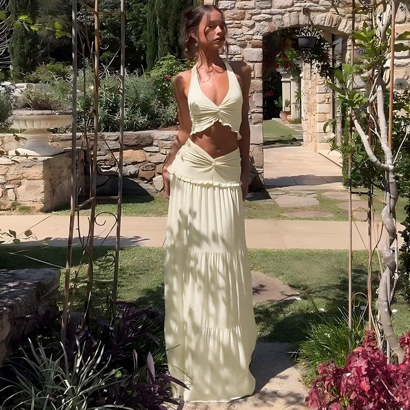 D9754 Womens Fashion Sexy V-neck Ruffle Halter Neck Tie Knot Long Dress Two-piece Set